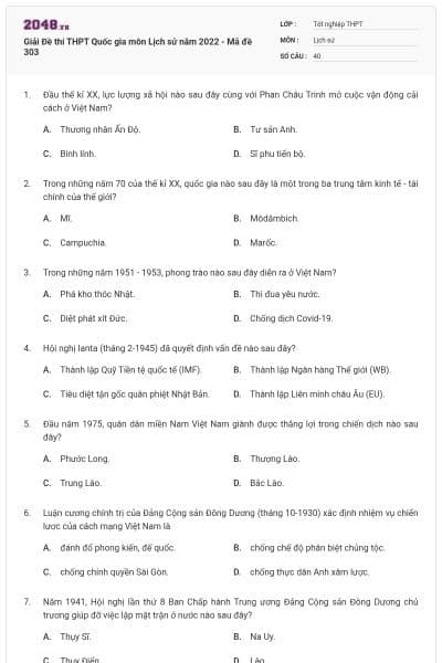 Giải Đề thi THPT Quốc gia môn Lịch sử năm 2022 - Mã đề 303