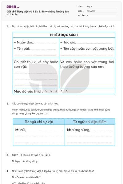 Giải VBT Tiếng Việt lớp 3 Bài 8: Bầy voi rừng Trường Sơn có đáp án