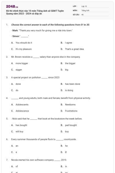 Đề thi chính thức vào 10 môn Tiếng Anh sở GDĐT Tuyên Quang năm 2023 - 2024 có đáp án