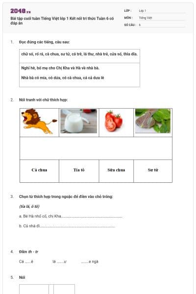 Bài tập cuối tuần Tiếng Việt lớp 1 Kết nối tri thức Tuần 6 có đáp án