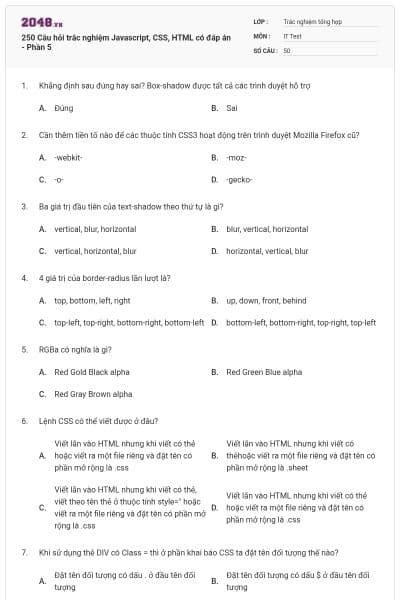 250 Câu hỏi trắc nghiệm Javascript, CSS, HTML có đáp án - Phần 5