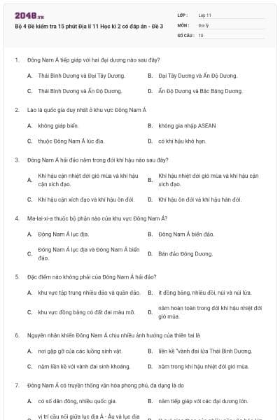Bộ 4 Đề kiểm tra 15 phút Địa lí 11 Học kì 2 có đáp án - Đề 3