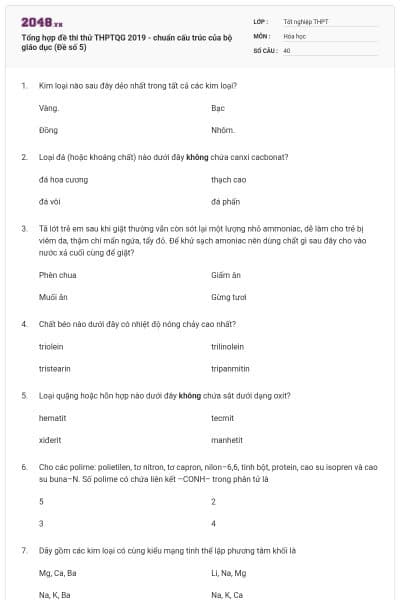 Tổng hợp đề thi thử THPTQG 2019 - chuẩn cấu trúc của bộ giáo dục (Đề số 5)