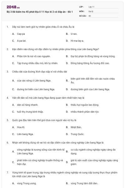 Bộ 3 Đề kiểm tra 45 phút Địa lí 11 Học kì 2 có đáp án - Đề 1