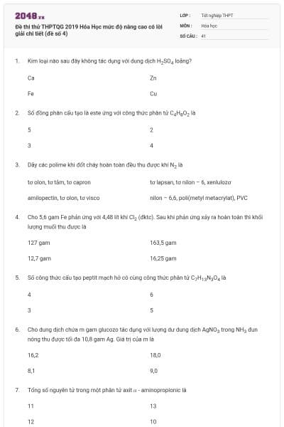 Đề thi thử THPTQG 2019 Hóa Học mức độ nâng cao có lời giải chi tiết (đề số 4)