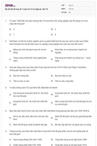 Bộ 20 đề thi học kì 1 Lịch sử 12 có đáp án -Đề 15
