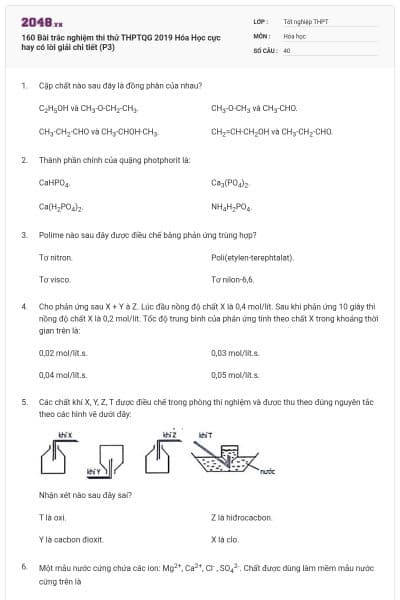 160 Bài trắc nghiệm thi thử THPTQG 2019 Hóa Học cực hay có lời giải chi tiết (P3)