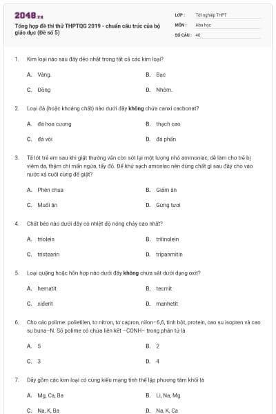 Tổng hợp đề thi thử THPTQG 2019 - chuẩn cấu trúc của bộ giáo dục (Đề số 5)