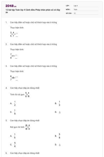12 bài tập Toán lớp 4 Cánh diều Phép nhân phân số có đáp án