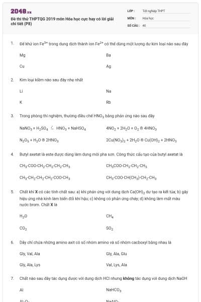 Đề thi thử THPTQG 2019 môn Hóa học cực hay có lời giải chi tiết (P8)