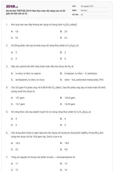 Đề thi thử THPTQG 2019 Hóa Học mức độ nâng cao có lời giải chi tiết (đề số 4)