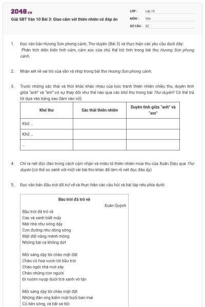 Giải SBT Văn 10 Bài 3: Giao cảm với thiên nhiên có đáp án