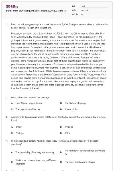 Đề thi chính thức Tiếng Anh vào 10 năm 2020-2021 (Đề 1)