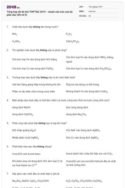 Tổng hợp đề thi thử THPTQG 2019 - chuẩn cấu trúc của bộ giáo dục (Đề số 6)