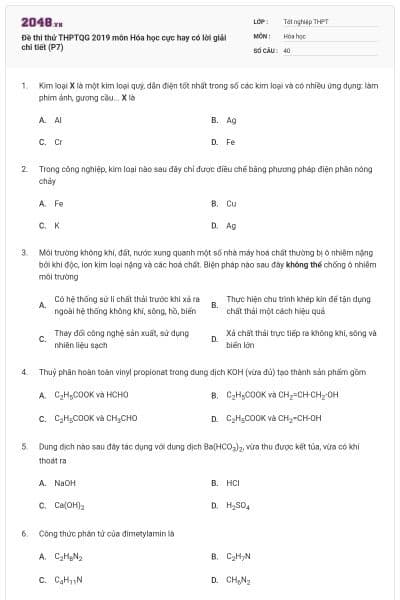 Đề thi thử THPTQG 2019 môn Hóa học cực hay có lời giải chi tiết (P7)