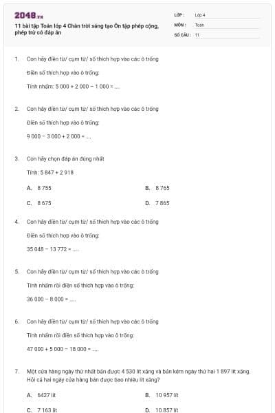 11 bài tập Toán lớp 4 Chân trời sáng tạo Ôn tập phép cộng, phép trừ có đáp án