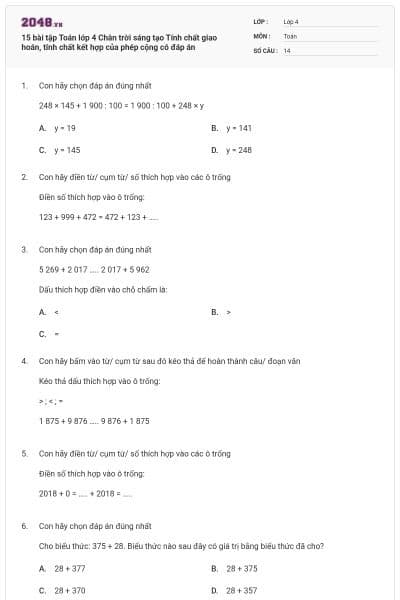 15 bài tập Toán lớp 4 Chân trời sáng tạo Tính chất giao hoán, tính chất kết hợp của phép cộng có đáp án