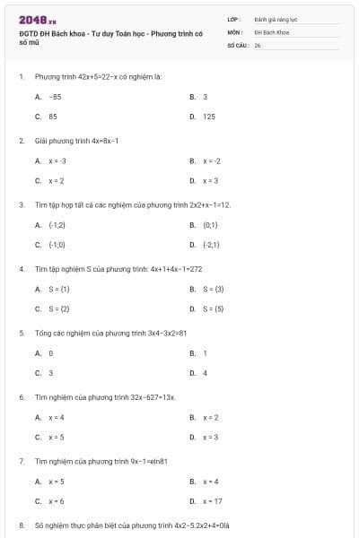 ĐGTD ĐH Bách khoa - Tư duy Toán học - Phương trình có số mũ