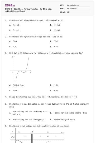 ĐGTD ĐH Bách khoa - Tư duy Toán học - Sự đồng biến, nghịch biến của hàm số