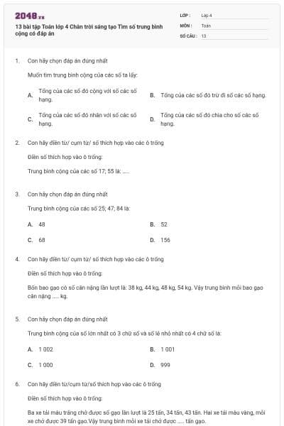 13 bài tập Toán lớp 4 Chân trời sáng tạo Tìm số trung bình cộng có đáp án