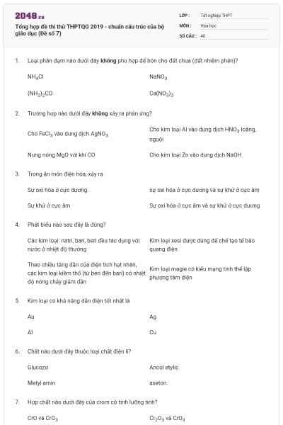 Tổng hợp đề thi thử THPTQG 2019 - chuẩn cấu trúc của bộ giáo dục (Đề số 7)