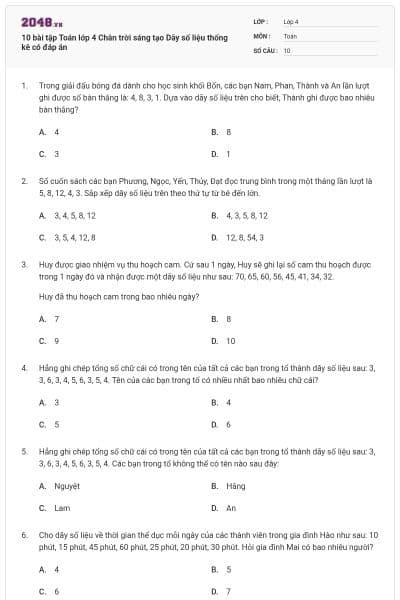 10 bài tập Toán lớp 4 Chân trời sáng tạo Dãy số liệu thống kê có đáp án
