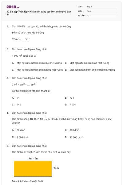12 bài tập Toán lớp 4 Chân trời sáng tạo Mét vuông có đáp án