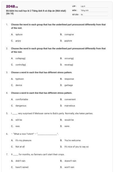 Đề kiểm tra cuối học kì 2 Tiếng Anh 8 có đáp án (Mới nhất) (Đề 18)