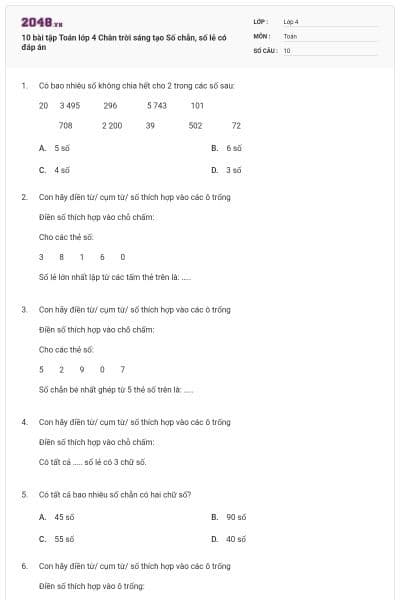 10 bài tập Toán lớp 4 Chân trời sáng tạo Số chẵn, số lẻ có đáp án