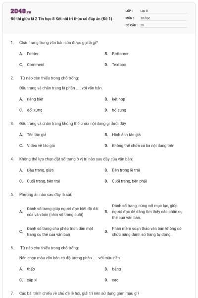 Đề thi giữa kì 2 Tin học 8 Kết nối trí thức có đáp án (Đề 1)