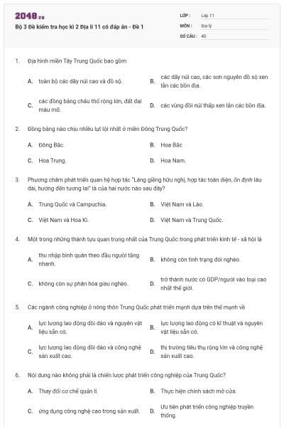 Bộ 3 Đề kiểm tra học kì 2 Địa lí 11 có đáp án - Đề 1