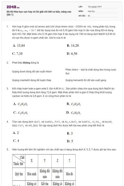 Đề thi Hóa học cực hay có lời giải chi tiết cơ bản, nâng cao (Đề 1)