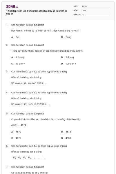 12 bài tập Toán lớp 4 Chân trời sáng tạo Dãy số tự nhiên có đáp án
