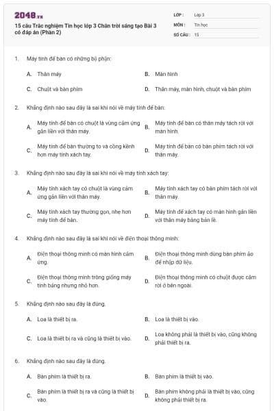 15 câu Trắc nghiệm Tin học lớp 3 Chân trời sáng tạo Bài 3 có đáp án (Phần 2)
