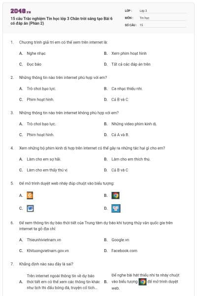 15 câu Trắc nghiệm Tin học lớp 3 Chân trời sáng tạo Bài 6 có đáp án (Phần 2)