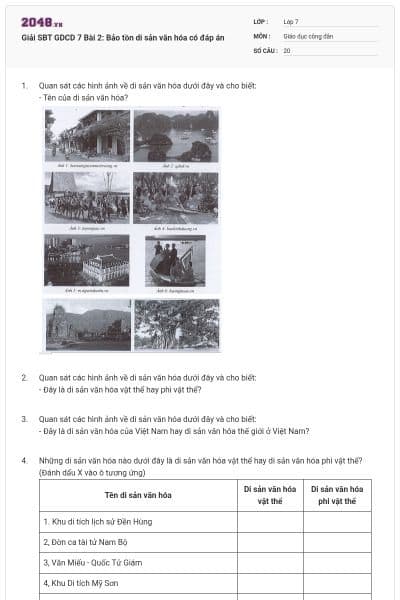 Giải SBT GDCD 7 Bài 2: Bảo tồn di sản văn hóa có đáp án