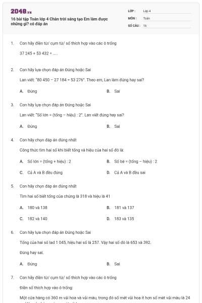 16 bài tập Toán lớp 4 Chân trời sáng tạo Em làm được những gì? có đáp án