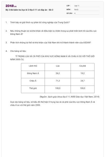 Bộ 3 Đề kiểm tra học kì 2 Địa lí 11 có đáp án - Đề 3