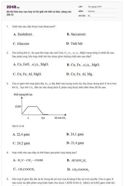 Đề thi Hóa học cực hay có lời giải chi tiết cơ bản, nâng cao (Đề 3)