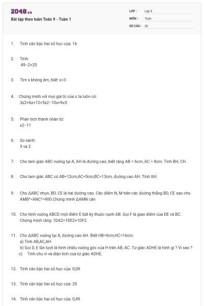 Bài tập theo tuần Toán 9 - Tuần 1