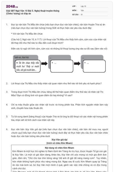 Giải SBT Ngữ Văn 10 Bài 5. Nghệ thuật truyền thống (Chèo/ tuồng) có đáp án