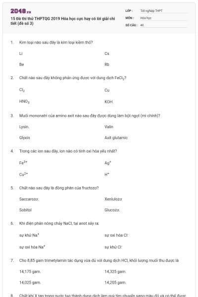 15 Đề thi thử THPTQG 2019 Hóa học cực hay có lời giải chi tiết (đề số 3)