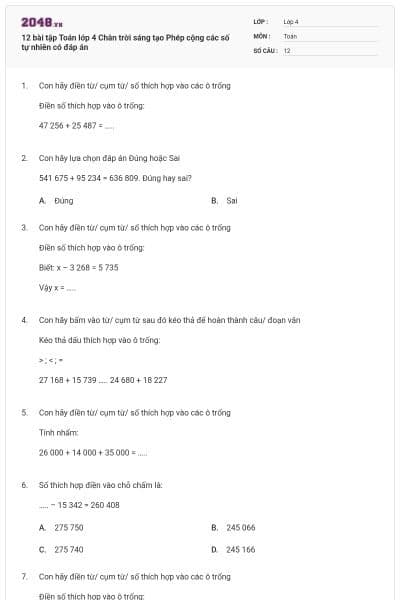 12 bài tập Toán lớp 4 Chân trời sáng tạo Phép cộng các số tự nhiên có đáp án