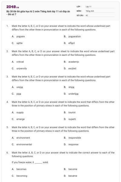 Bộ 30 Đề thi giữa học kì 2 môn Tiếng Anh lớp 11 có đáp án - Đề số 7