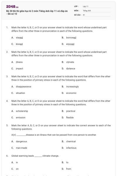 Bộ 30 Đề thi giữa học kì 2 môn Tiếng Anh lớp 11 có đáp án - Đề số 10