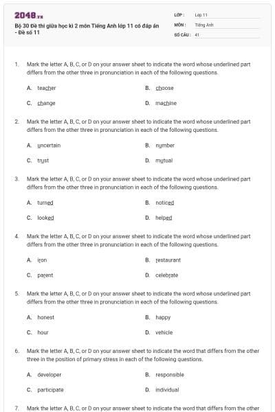 Bộ 30 Đề thi giữa học kì 2 môn Tiếng Anh lớp 11 có đáp án - Đề số 11
