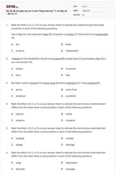 Bộ 30 Đề thi giữa học kì 2 môn Tiếng Anh lớp 11 có đáp án - Đề số 12