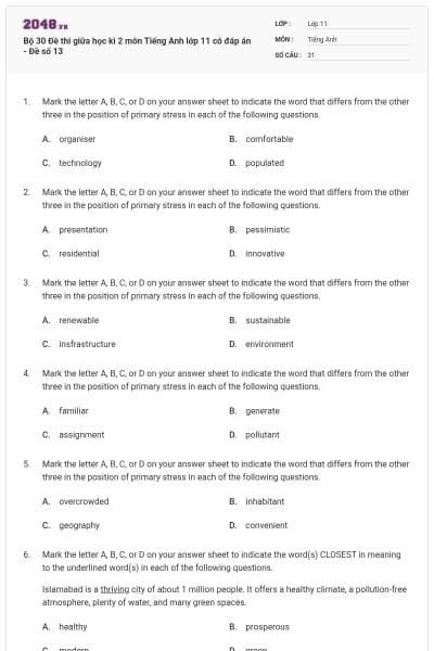 Bộ 30 Đề thi giữa học kì 2 môn Tiếng Anh lớp 11 có đáp án - Đề số 13