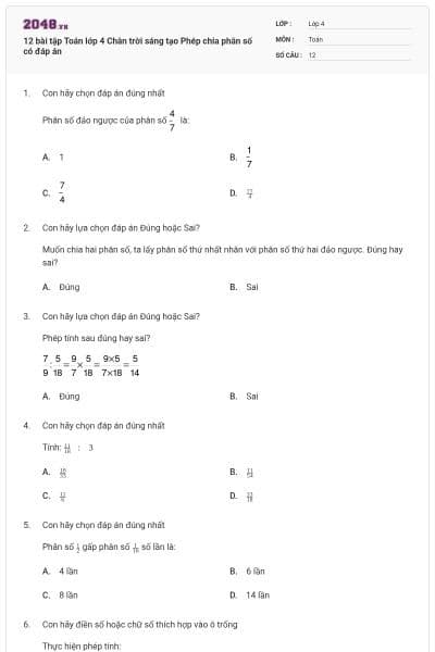 12 bài tập Toán lớp 4 Chân trời sáng tạo Phép chia phân số có đáp án