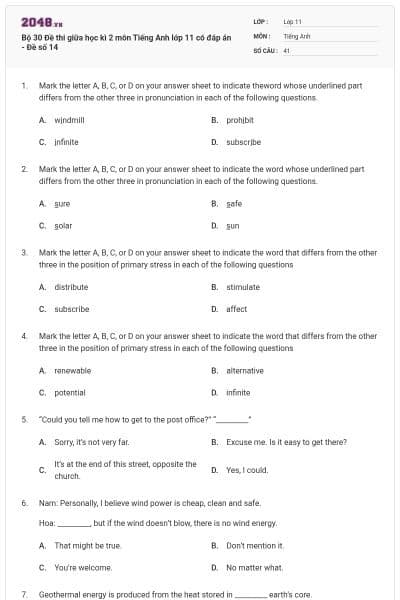 Bộ 30 Đề thi giữa học kì 2 môn Tiếng Anh lớp 11 có đáp án - Đề số 14